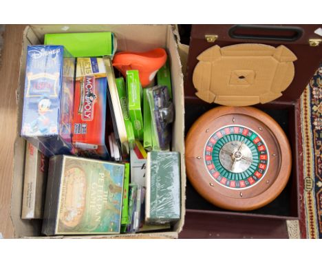 Two good boxes of contemporary games, many un-opened with some Subbuteo also a cased roulette wheel (2 boxes)