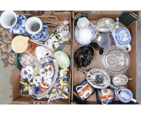 Two boxes of assorted ceramics, including Maling, Royal Cauldon, Royal Crown Derby, ceramic Spanish masks etc