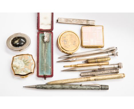 NIne propelling pencils including five silver cased (sterling) two pill boxes, silver cased stick pin etc 