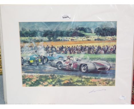 Four signed, unframed prints by Walter Gotschke, depicting the 1928 Semmering Bergrennen, 1936 Monaco Grand Prix, 1950 Monaco