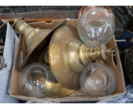 Three brass light shades (railway lights LB & SCR)  with glass shades