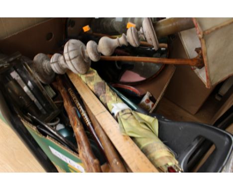 A box of misc items to include a mirror, walking sticks, horse measuring stick, lamp and metalware etc 