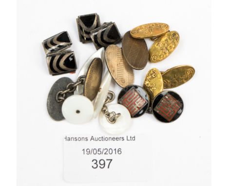 Cufflink's, Art Deco, black and silver enamel PR, silver cufflink's mother-of-pearl, cufflink's and a pair of yellow metal li