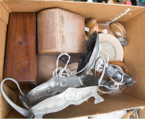 A good collection of treen and pewter including two sycamore ashtrays, tea caddy and mahogany box