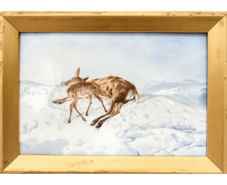 Attributed to Harry Davis for Royal Worcester, a painted porcelain plaque of two deer, after the original Landseer painting '