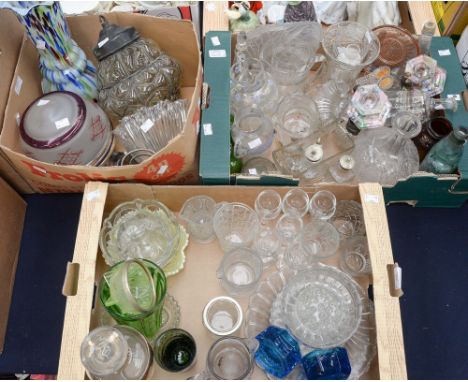 A collection of assorted glass, comprising vases, light shade, green glass, decanters, inkwell, jugs, bowls etc (3 boxes)