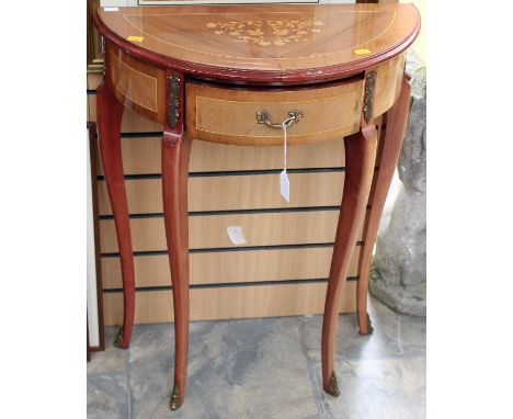 A French style demilune console table, fitted with a single drawer