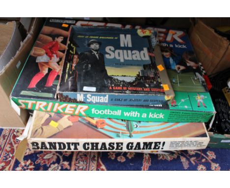 Vintage games comprising Striker, Mecaano, Scalextric, Bandit Chase Game and M Squad