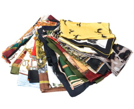 A collection of twenty silk scarves to include equestrian designs, poodle dogs and a beige, black and grey Valentino scarf (2