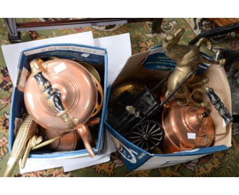 A collection of copper and brass to include copper kettles, horse and carriage, Indian brass vases, crocodile nutcrackers and