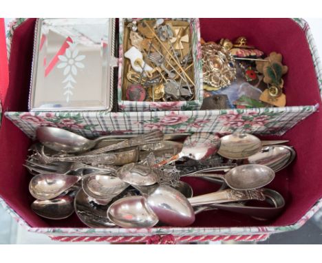 A small jewellery box containing seven silver teaspoons and three silver fobs approx. 130 grms, silver plated teaspoon,a quan