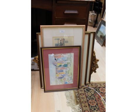 A quantity of assorted prints three mirrors and two plant stands