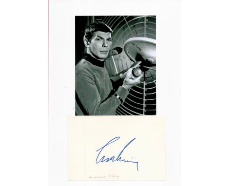 Star Trek, Leonard Nimoy signature piece featuring a photograph and a signed card affixed to A4 white card. This item display