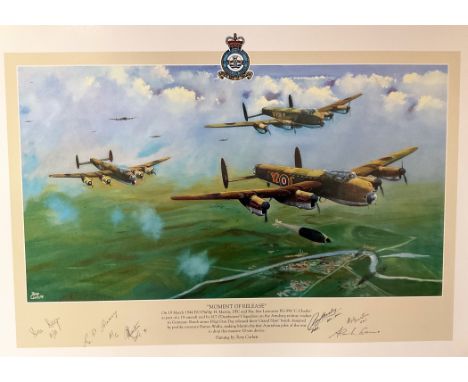 Tony Corbett Multi Signed Colour 21x14. 5 Print Titled 'Moment Of Release'. Handsigned pen by 6 Australian Bomber Pilots who 