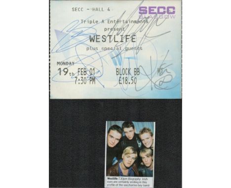 Music, Westlife signed concert ticket from their 2001 show plus magazine photograph. This multi-signed ticket is from the fam