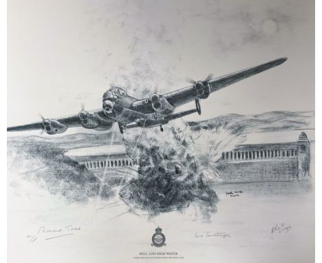 WW2 RAF Black and White Pencil Drawn 23x19 Print Multi Signed, Titled 'Hell and High Water'. Limited Edition 91/200. Handsign