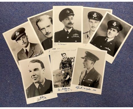 WW2 Ten Battle of Britain fighter pilots signed 6 x 4 inch portrait photos with printed biography pages. Names are Squadron L