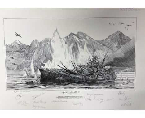 Robert Bailey Multi Signed Black and White pencil drawn 24. 5x17 Print Titled 'Final Assault'. Limited Edition 52/200. Handsi