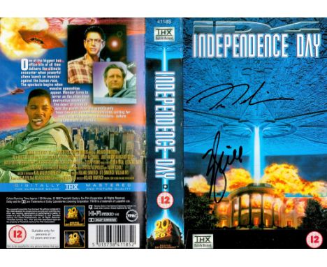 Dean Devlin and Will Smith signed Independence Day VHS sleeve. With clear signatures across the front, this item is complete 