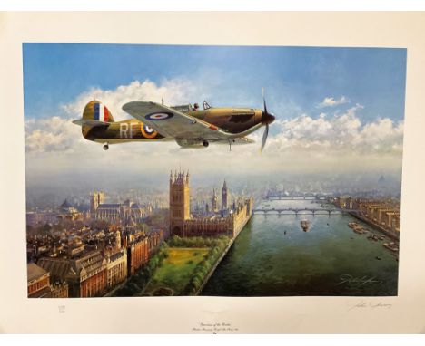 John Young Hand signed 30X24 inch Colour Print Titled Guardian of the Realm Limited Edition 228/600. Print Shows Hawker Hurri