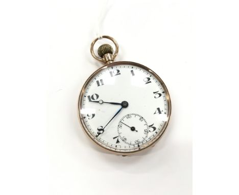 A gentleman's open faced 9 carat gold pocket watch, white enamel dial with Arabic numerals and subsidiary dial (53 grams over