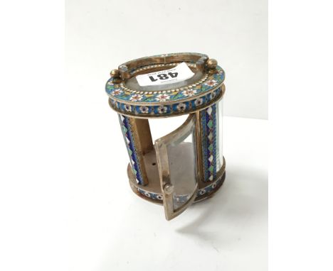 A miniature Russian silver and enamel oval clock carrying case (af), (unmarked).