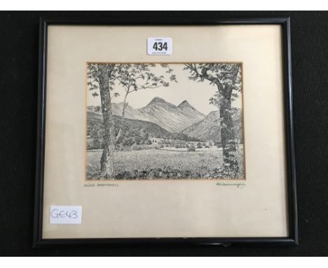 Alfred Wainwright: Framed and glazed pen and ink sketch; Sgurr Dhomhnuilll (signed to mount).
