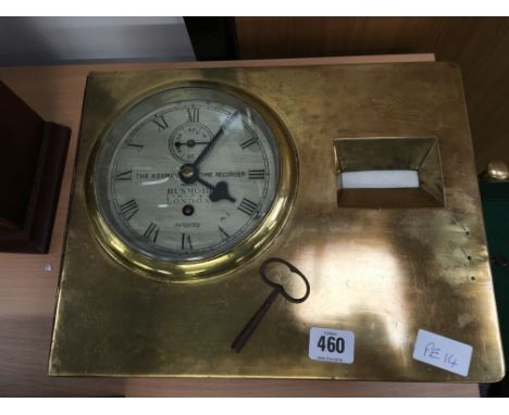 An early 20th century brass fronted Kosmoid time recorder by Rusmoid, London.