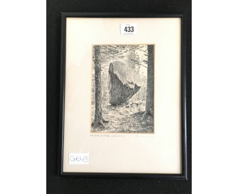 Alfred Wainwright: Framed and glazed pen and ink sketch; The Tottling Stone, Launchy Gill (signed to mount).