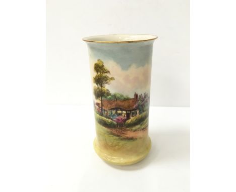 A Royal Worcester china vase decorated with a village scene in Elmley, Worcester by Raymond Rushton (14cm)