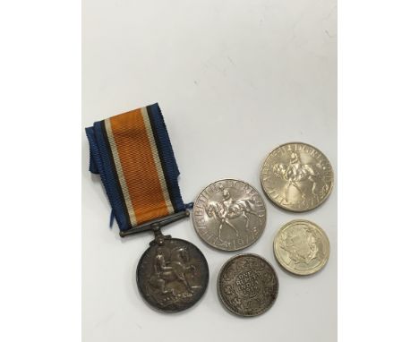 A WWI general service medal awarded to 3322 Pte S Whitfield, Somerset Light Infantry together with four coins.