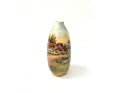 A Royal Worcester china bud vase decorated with a village scene (examine). (12.5cm)