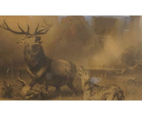 After Edwin Landseer "The Stag at Bay" Victorian Print Engraving, 53cm x 93cm, in a rosewood frame