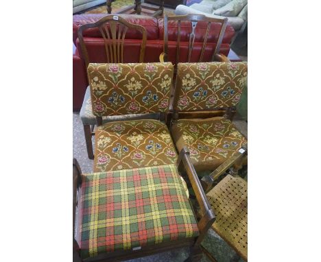 Four Assorted Dining Chairs, To include two 19th century chairs, also with a piano stool and corner chair, (6)