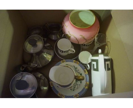 Five Boxes of Sundries, To include pottery, china, table lamps, projector etc