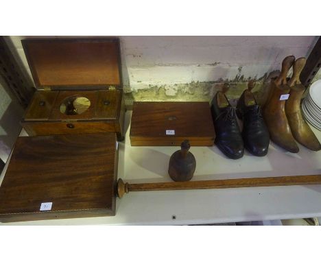 Regency Gillows Style Mahogany Tea Caddy, Also with wood items, to include a wig stand, shoe stretchers, writing box etc, (8)