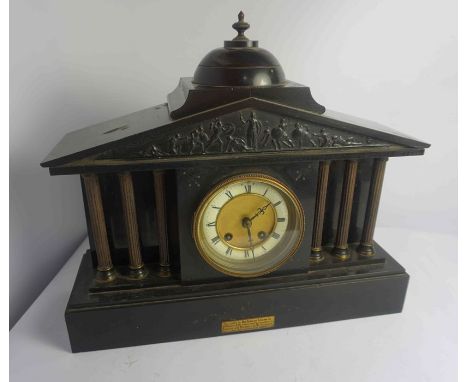 Victorian French Black Slate Mantel Clock, Having a presentation plaque, 37cm high