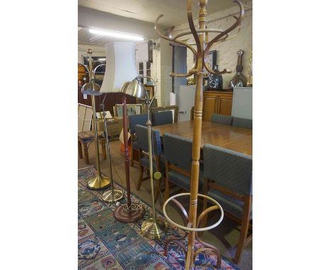 Two Hat &amp; Coat Stands, Comprising of a Bentwood style and a modern metal example, also with three floor light / lamps, (5