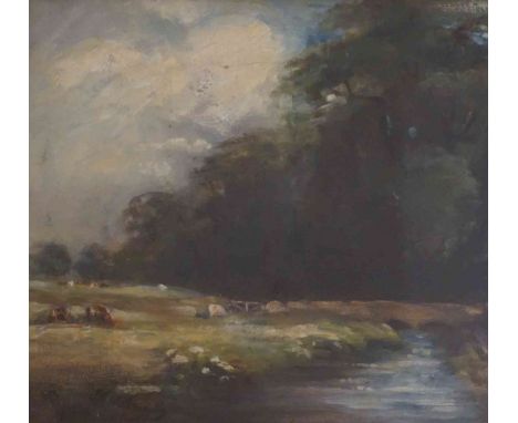 J R Nasmyth (British) "River Scene with Cattle" Oil on Canvas, signed and dated 1912, 22cm x 29cm, in a gilt frame 