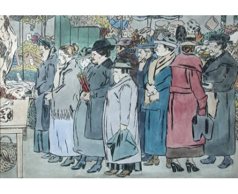 § Powys Arthur Evans (British, 1899-1981) East End Market watercolour 35 x 49cm (14 x 19in) Provenance: The Langton Gallery, 