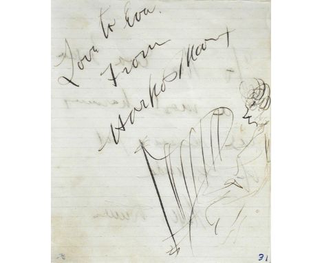 Harpo Marx (American, 1888-1964) Self-Portrait playing the harp, inscribed "Love to Eva / from / Harpo Marx", pen and ink 10 