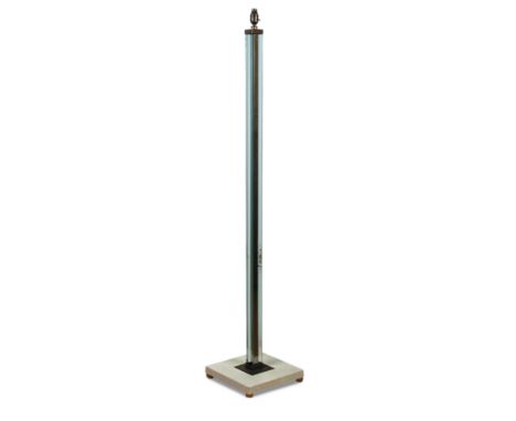 A 20th century glass and bronzed metal standard lamp, the square section central column with double glass strips to either si