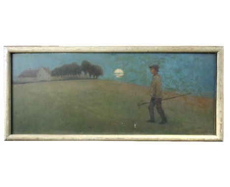 § Willy Sluijter (Dutch, 1873-1949) Eventide - A young shepherd boy going home by the light of the moon oil on board 30 x 75c