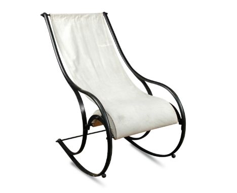 A bent steel rocking chair in the manner of R. W. Winfield, with slung canvas seat, the frame black painted 107cm (42in)  