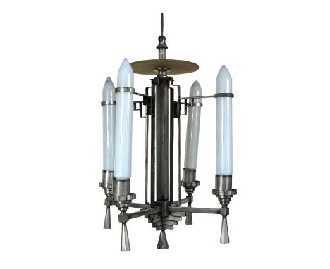 An Art Deco silvered metal ceiling light, the geometric frame with four milk glass cylinders capped with candle bulbs 66cm (2