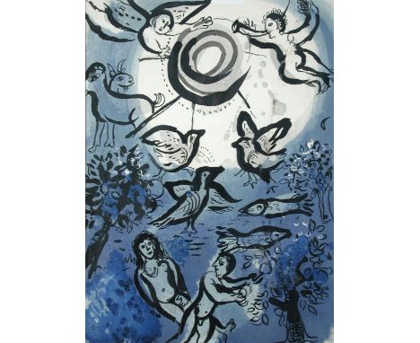§ Marc Chagall (Russian/French, 1887-1985) Creation lithograph 35 x 25cm (14 x 10in)  Glass is dirty but condition appears fi