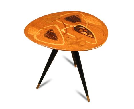 A mid 20th century marquetry top tripod occasional table, the shaped top with abstract inlays supported on three tapering cyl