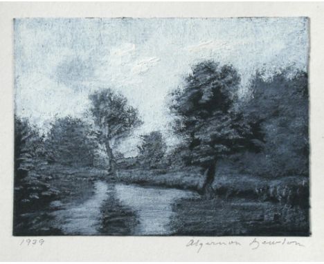 § Algernon Cecil Newton, RA (British, 1880-1968) River Landscape signed and inscribed as a Christmas card for 1939 "with best