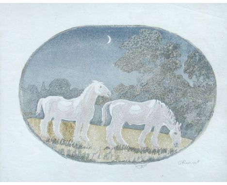 &sect; Gwen Raverat (British, 1885-1957) Two Horses in Moonlight signed lower right "G Raverat" a hand-coloured woodblock pri