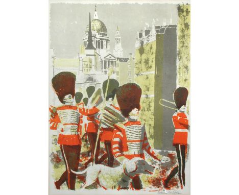 § Edwin La Dell, ARA, RBA, ARCA (British, 1914-1970) Welsh Guards with their Irish Wolfhound in the City of London signed low